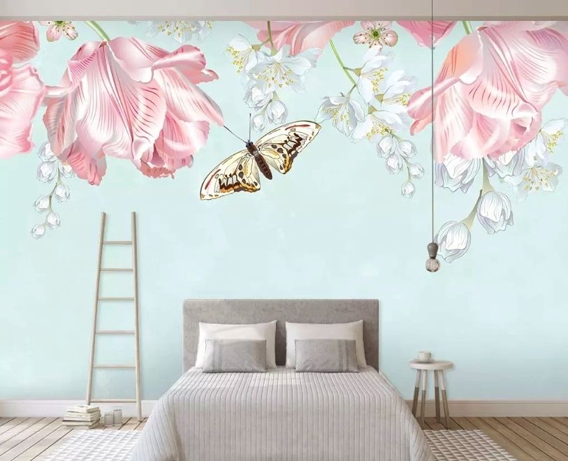 Papier peint panoramique floral rose et papillon jaune
