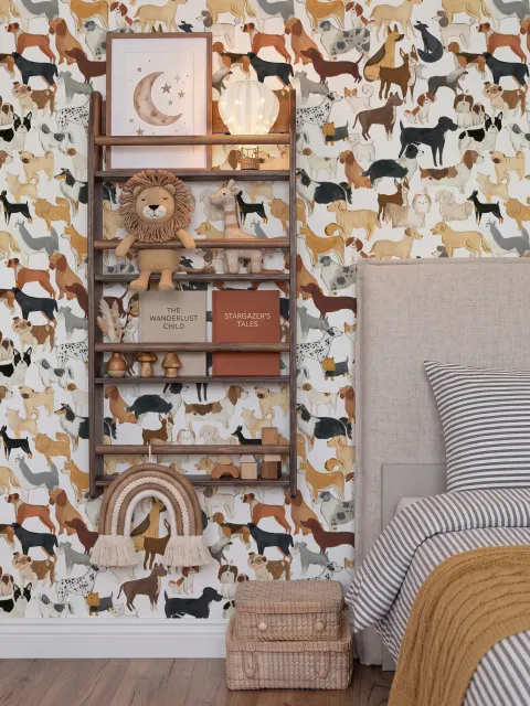 Zoomie kids wallpaper with painted dog breeds in tan, brown, black and grey on white