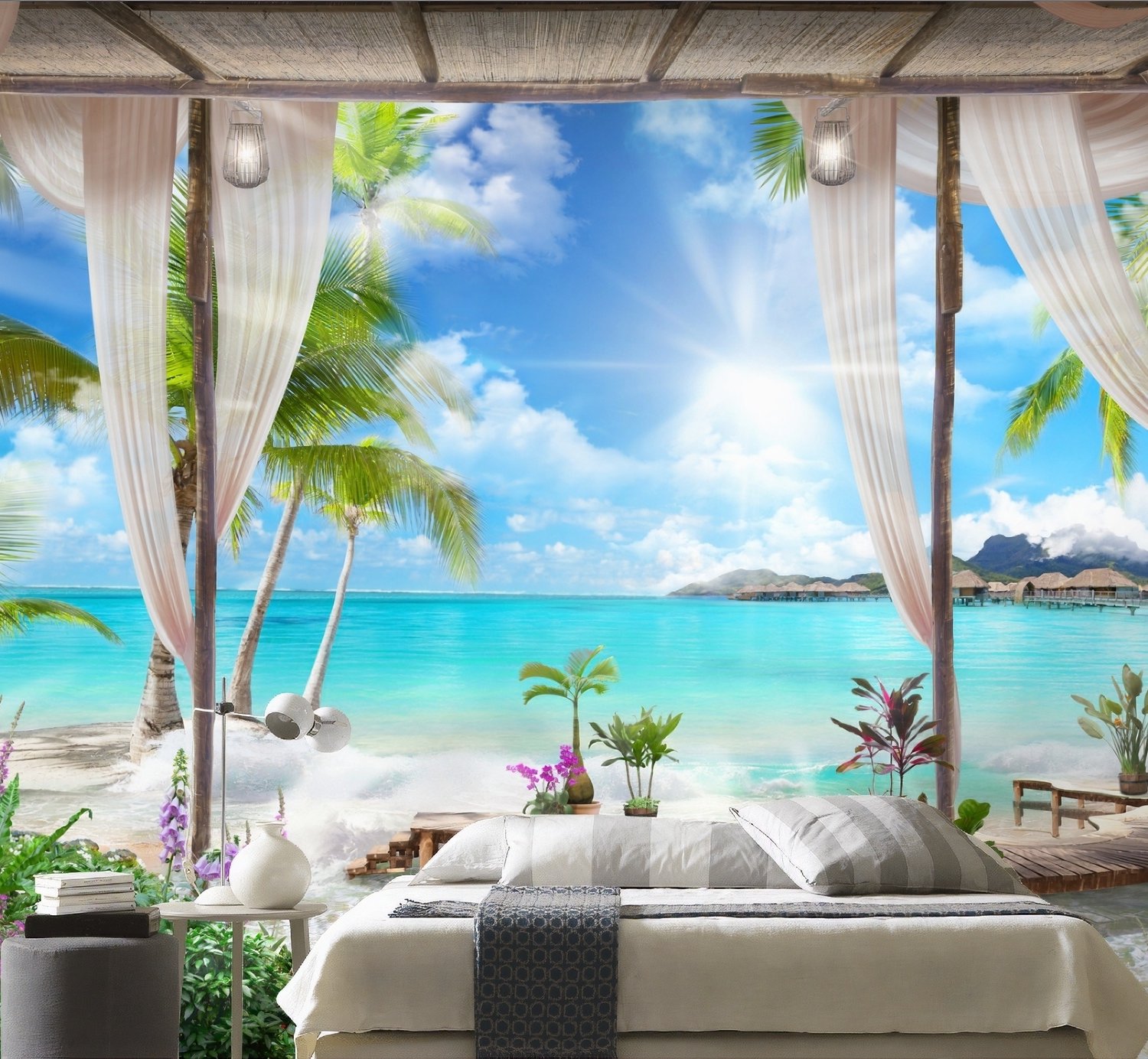 3D Look Blue Sea Landscape with Old Arches and Palm Trees Wallpaper Mural - Peel and Stick
