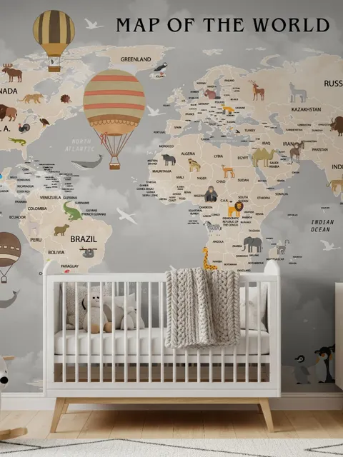Papier peint carte monde montgolfière vintage enfants