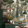 Architectural design wallpaper mural of forest treehouses, rivers, boats and small figures in green watercolour
