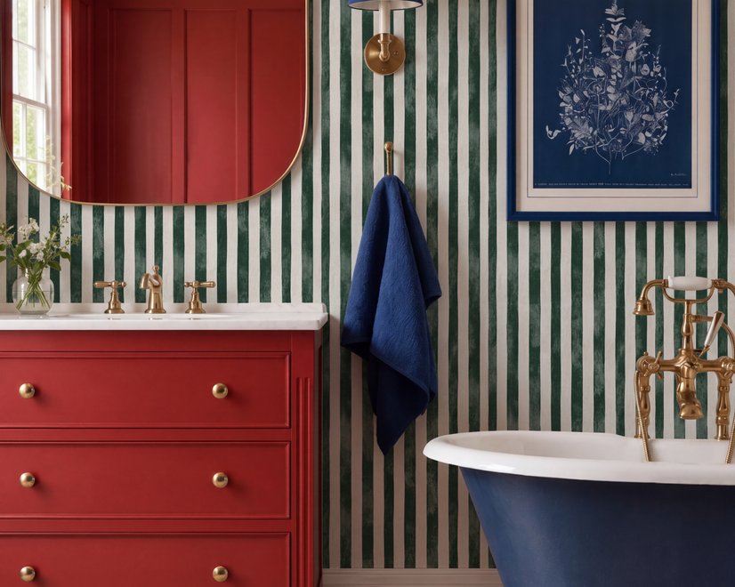 Green striped minimalist wallpaper with vertical deep forest green bands on a soft warm ivory ground.
