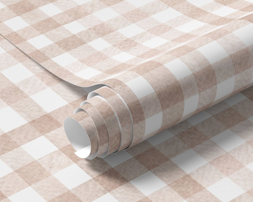 Soft brown wallpaper with pale beige gingham checks on a warm cream off-white ground