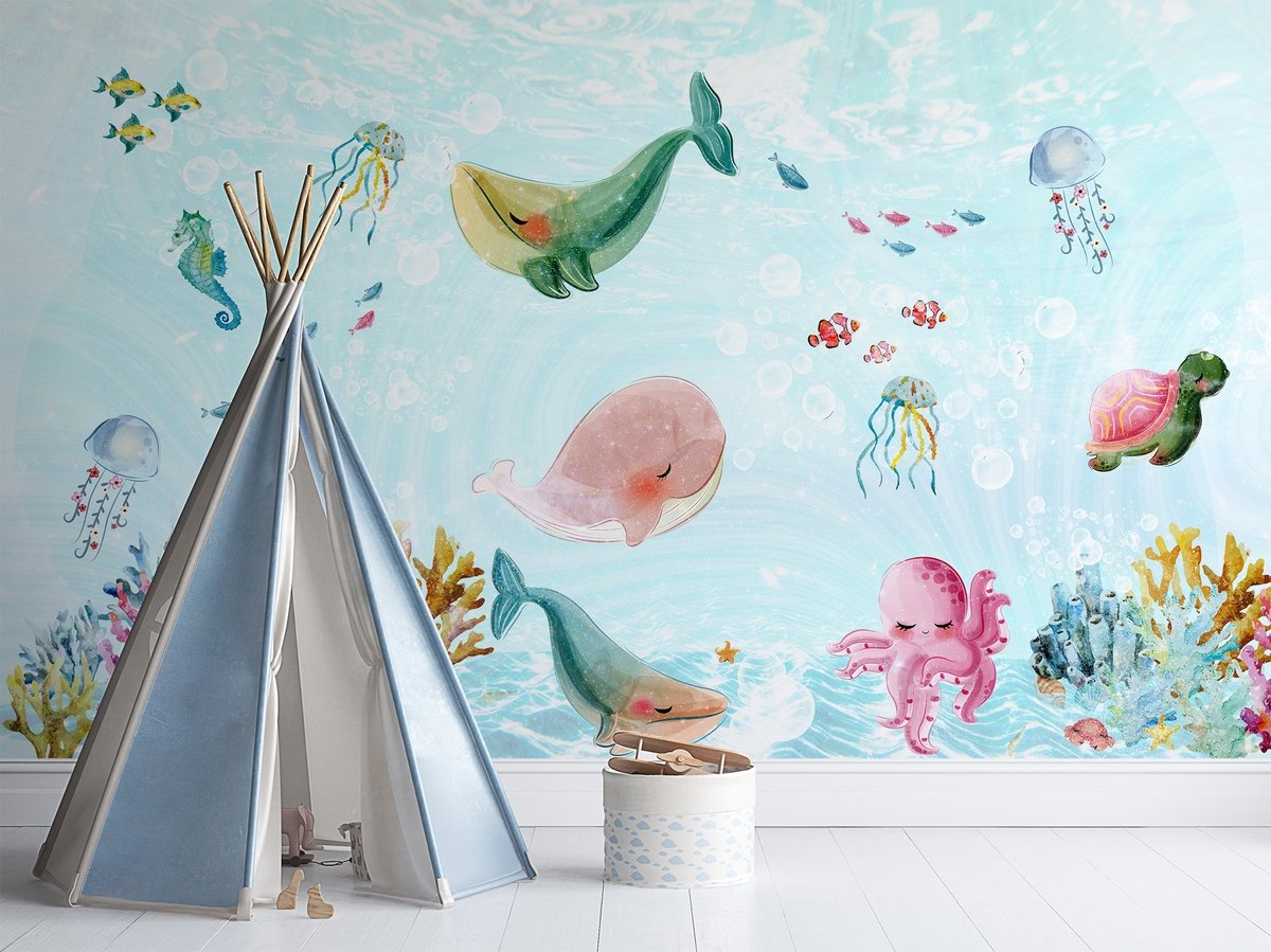 Nursery Cute Sea Animals Wallpaper Mural - Peel and Stick