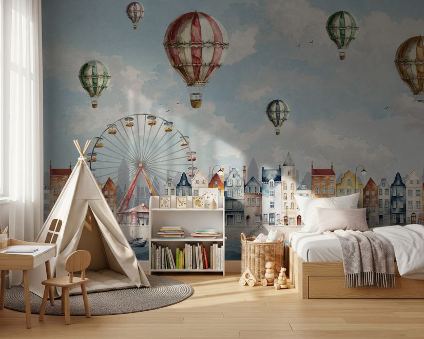 Kids Harbor Village and Hot Air Balloons Wallpaper Mural