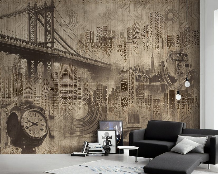 Europäische Vintage Stadt mit Brooklyn Bridge Fototapete