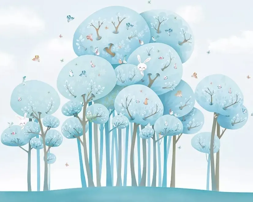 Watercolor Cartoon Blue Forest Landscape Wallpaper Mural