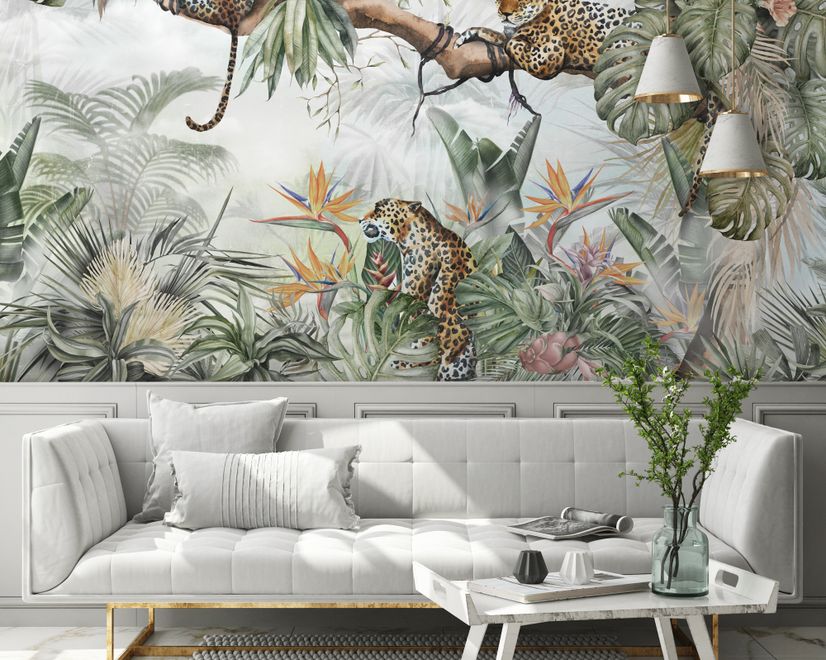 Leopards and Tropical Leaves Wallpaper Mural