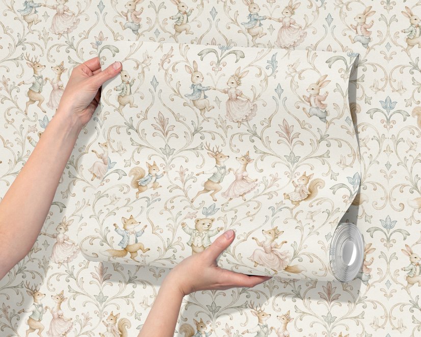 Cute rabbits wallpaper with woodland animals, white birds and acanthus scrolls on an ivory cream ground