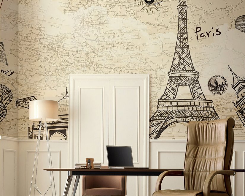 Papier peint panoramique avec la Tour Eiffel et la Statue de la Liberté