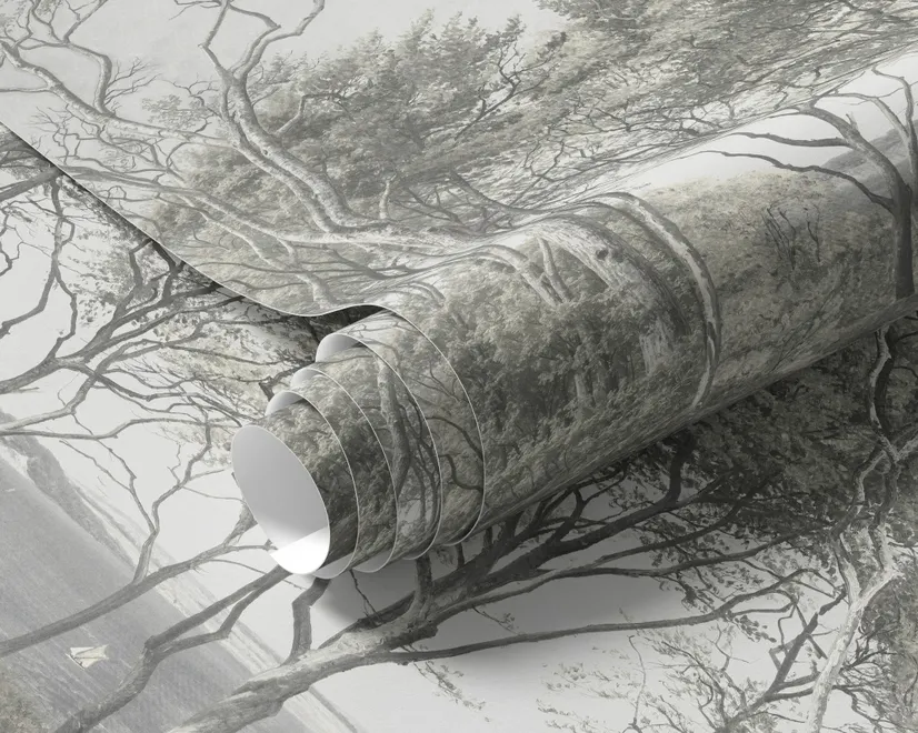 Coastal woodland wallpaper mural with grey trees, sandy path, sea horizon and small white sailboats
