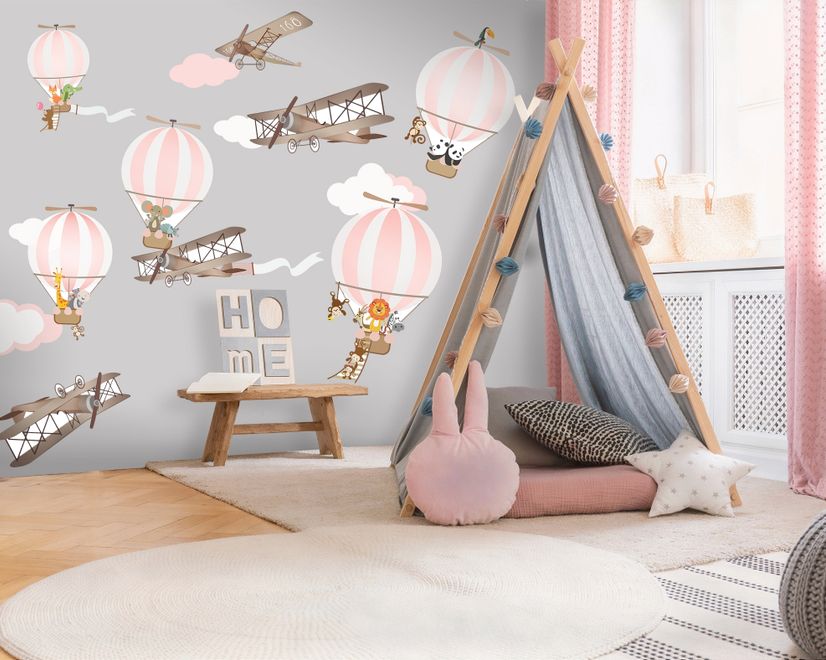 Kinder Rosa Heißluftballon und Braunes Flugzeug mit Wolken Wandtattoo