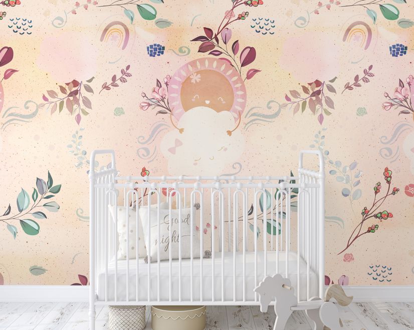 Nursery Cute Clouds with Leafs Wallpaper Mural
