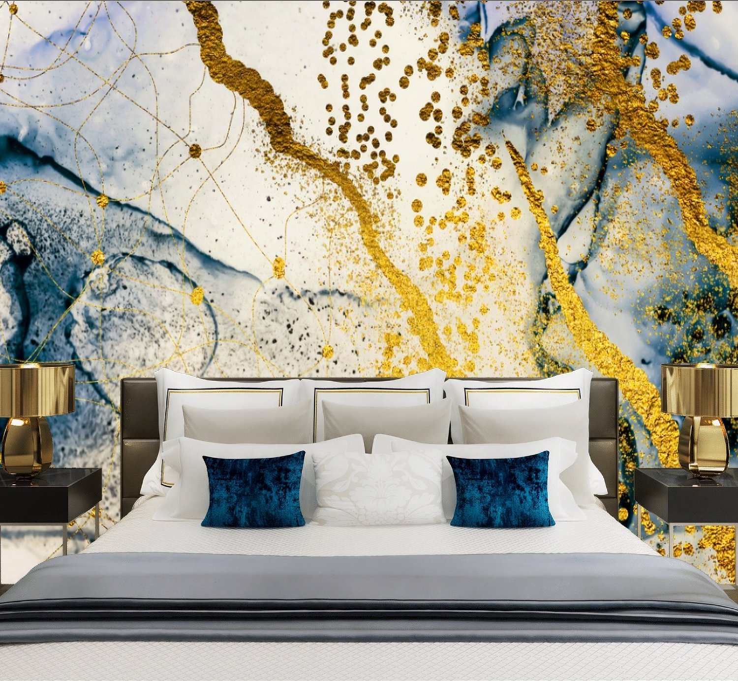 Dark Blue Ocean Brushes with Gold Style Waves Wallpaper Mural - Peel and Stick