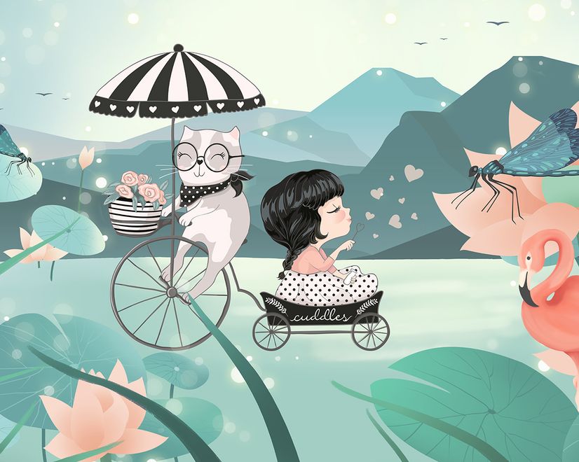 Cute Little Girl with Cat and Pink Lotus Cartoon Wallpaper Mural for Girls Room