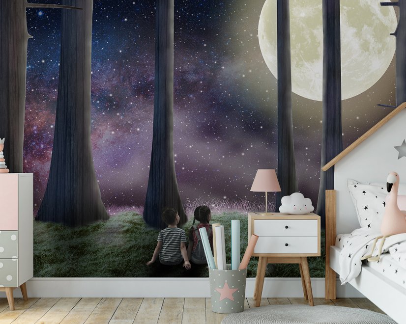 Papier peint panoramique rêves au clair de lune avec enfants envoûtant 3D