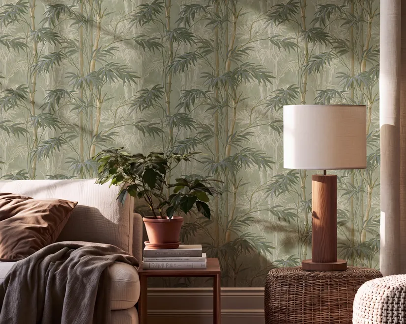 Light green and blue wallpaper with painted sage bamboo canes, olive leaves and pale celadon foliage ground