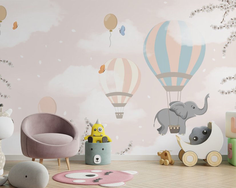 Kids Hot Air Balloons with Elephant Wallpaper Mural