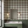 Sage green and cream-white tartan plaid wallpaper with deep red stripes and woven thread texture