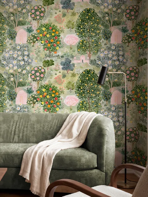 Watercolor Citrus Trees and Floral Brach Wallpaper Mural