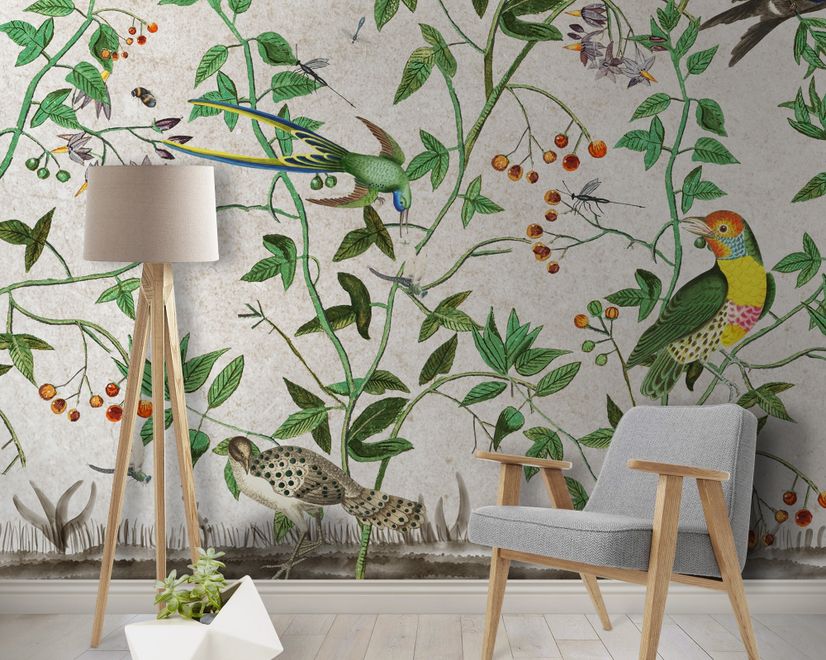 Tropical Green Leaves with Stork and Duck Wallpaper Mural