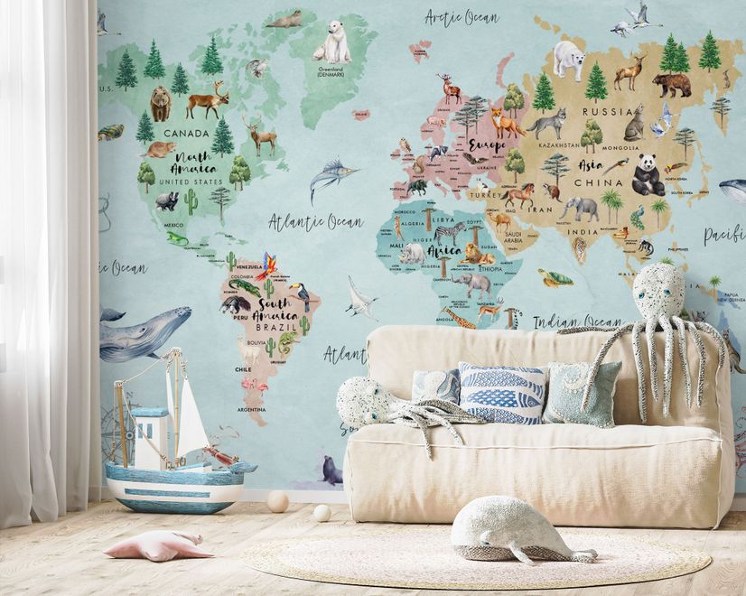 Kids Watercolor World Map Wallpaper Mural
