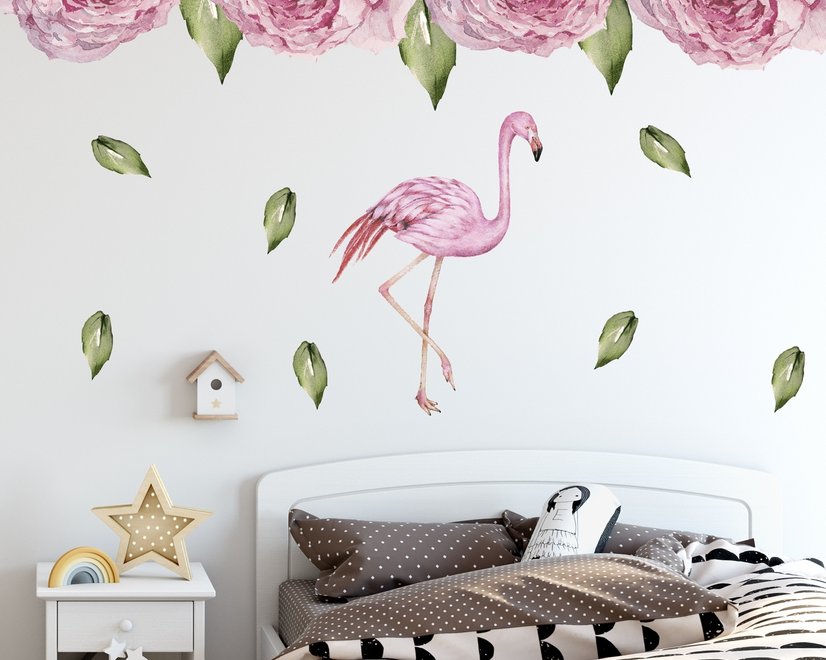 Wandtattoo mit Rosa Pfingstrosen und Flamingo