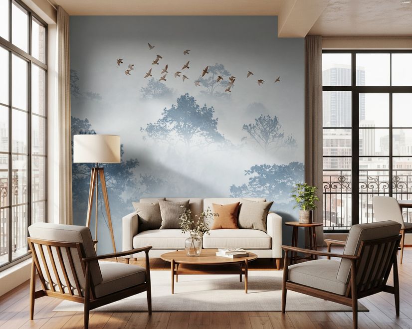 Misty Forest with Birds Wallpaper Mural