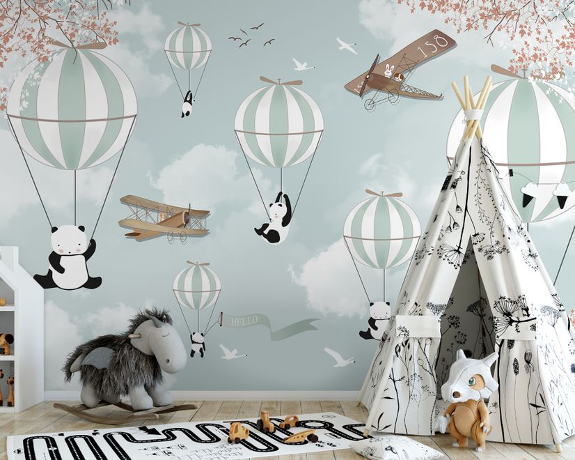 Cartoon Pandas with Hot Air Balloons Wallpaper Mural