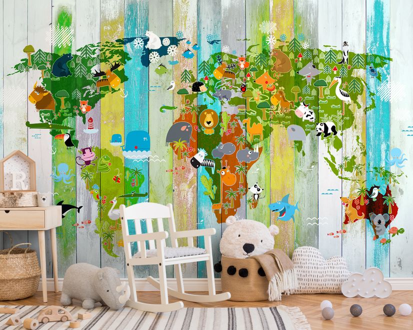 Kids World Map on the Colorful Wood Wallpaper Mural