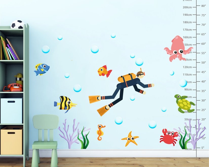 Kinder Cartoon Meer Unterwasser mit Fischmann Wandtattoo