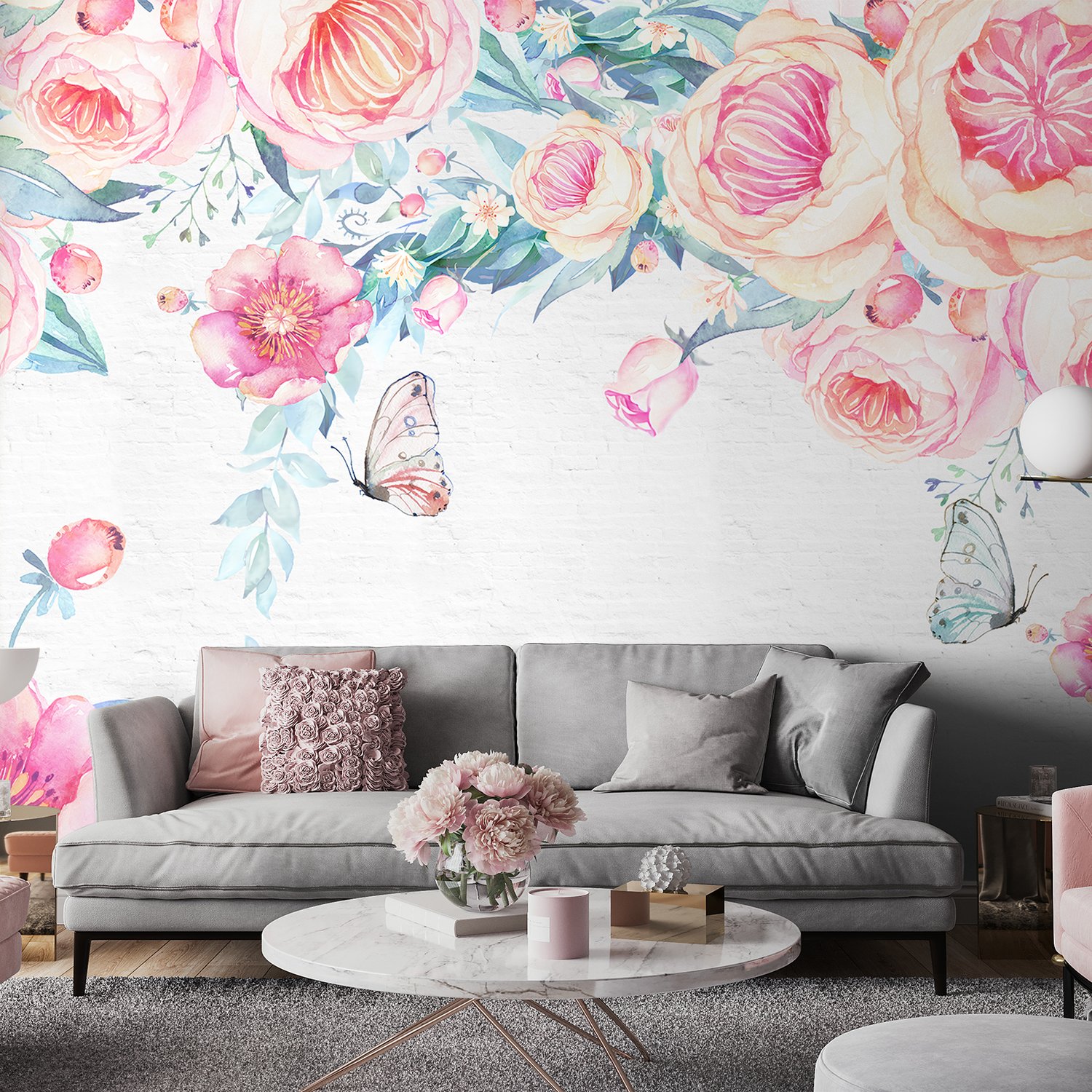 Vintage Watercolor Pink Flowers Wallpaper Mural - Peel and Stick