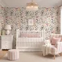 Watercolour floral wallpaper repeat with navy, blue, blush and peach wildflowers on warm cream
