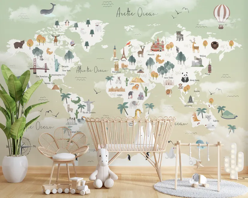 Kids Pink World Map with Cute Animals and Little Balloons Wallpaper Mural