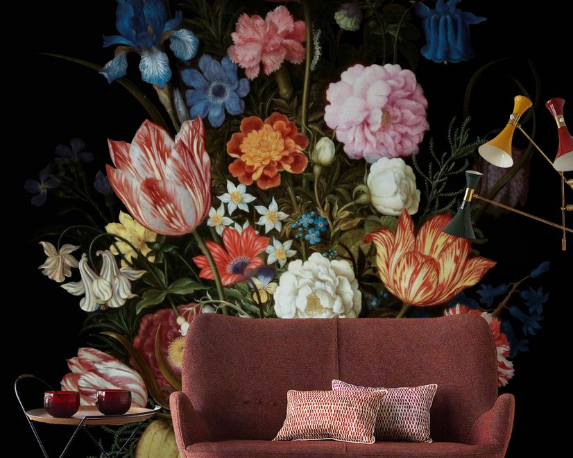 Elegant Dutch Dark Floral Bouquet Wallpaper Mural