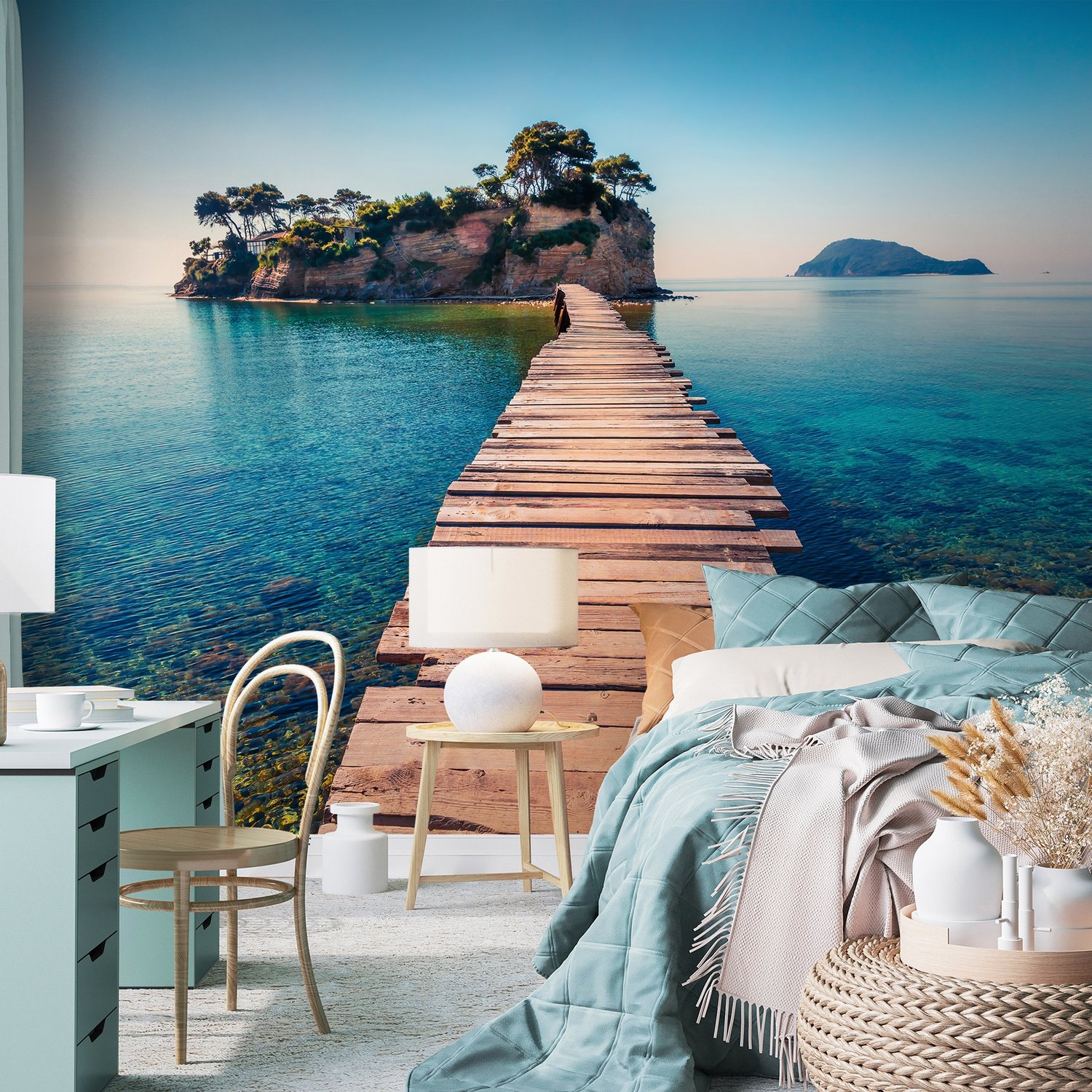 Realistic Sea Landscape with Wood Bridge Wallpaper Mural - Peel and Stick