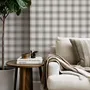 Neutral beige and brown plaid wallpaper with cream squares, taupe woven blocks and fine dark brown lines