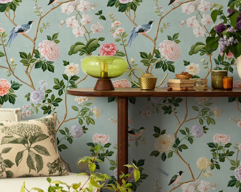 Chinoiserie wallpaper with peach birds, orchids and peonies on a pale duck egg blue ground
