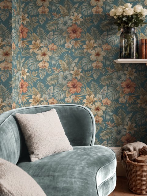 Blue tropical wallpaper with hibiscus, orchids, lilies, monstera leaves and palm fronds on a deep teal-blue ground