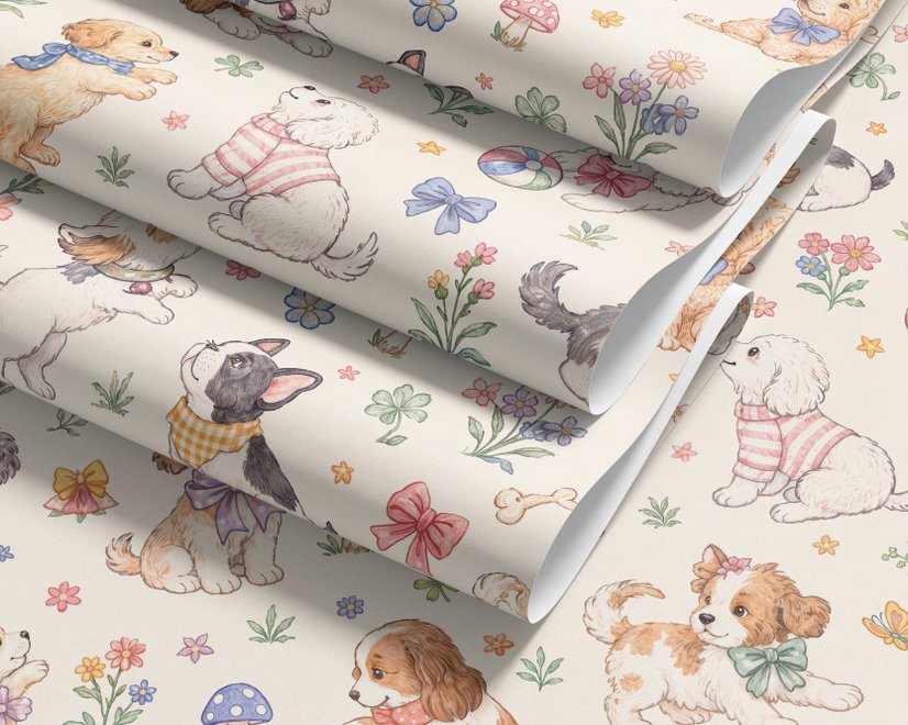 Kids Cute Watercolor Floral and  Puppies Wallpaper Mural 