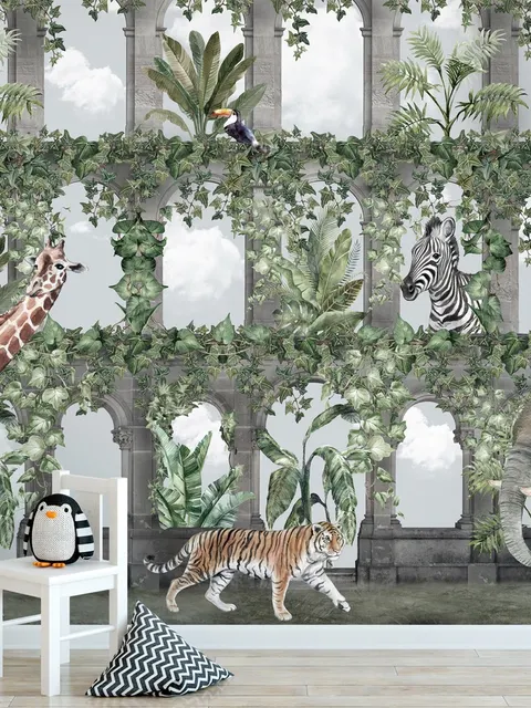 Kids Tropical Animals Around the Arch Wallpaper Mural