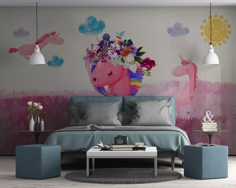Cartoon Pink Unicorn Drawing Art Wallpaper Mural