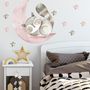 Stickers muraux raton laveur mignon et étoiles roses grises aquarelle pour enfants et bébé