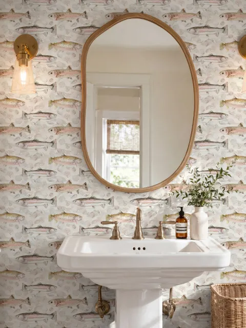 Watercolor fish wallpaper with trout, seashells and pale aqua washes on a warm cream ground