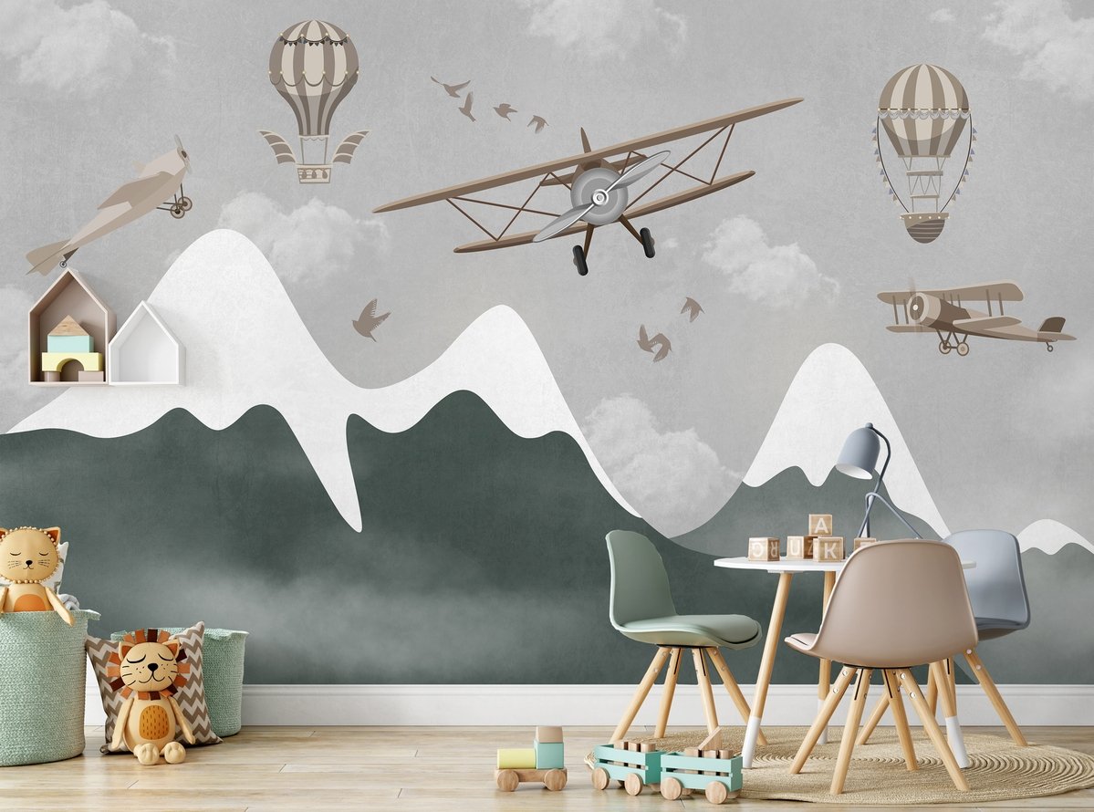 Kids Snowy Mountain with Plane and Balloons Wallpaper Mural - Peel and Stick