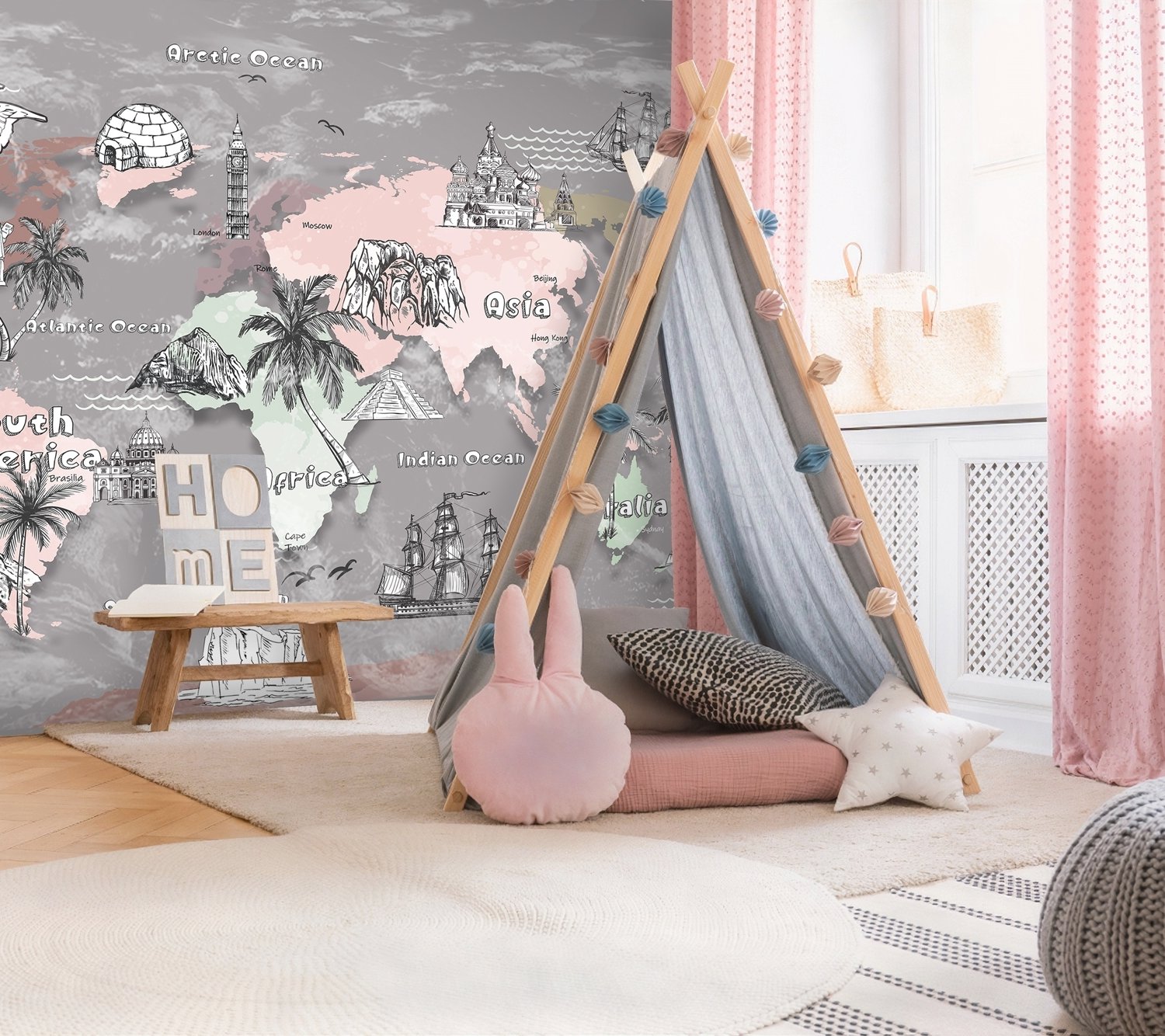Kids World Map with Famous Landmarks Wallpaper Mural - Peel and Stick