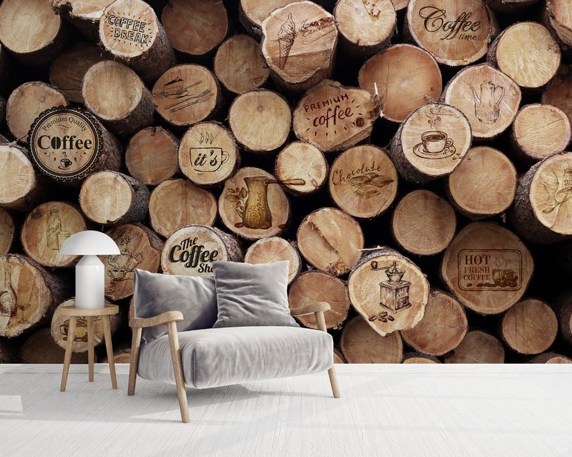 Kaffeeladen mit Holzwand Fototapete