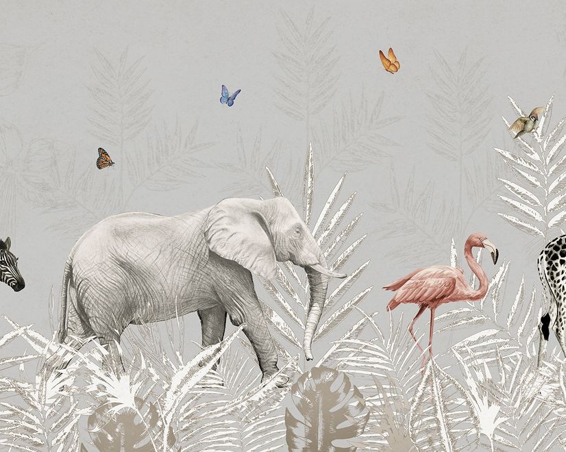 Tropical Animals with Leafs Wallpaper Mural For Children