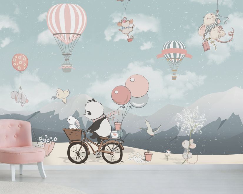 Kinder Fototapete: Süßer Panda auf Fahrrad mit Heißluftballon