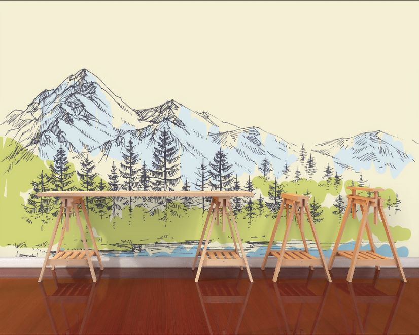 Charcoal Mountain Landscape with Lake and Pine Trees Wallpaper Mural